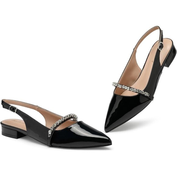 WomenBlack Patent Polyurethane (PU) Rhinestone Pointed Toe Slingback Flats Shoes - Picture 3 of 9